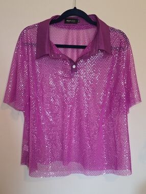 Fuchsia Sequin Sheer Collared Button-Down Top